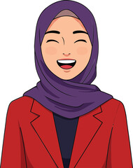 Smiling woman wearing purple hijab and red jacket cheerful expression portrait illustration 