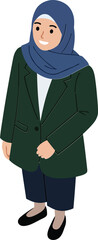 Woman wearing hijab and green jacket standing with hands in pockets in casual outfit 