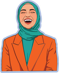 Woman wearing teal hijab and orange blazer laughing joyfully in casual portrait image 