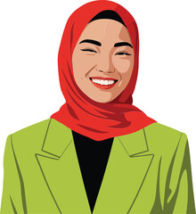 Smiling woman wearing red hijab and green blazer portrait illustration with vibrant colors and modern style 