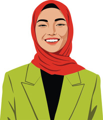 Smiling woman wearing red hijab and green blazer happy confident portrait illustration 