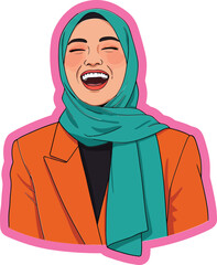 Young woman wearing teal hijab and orange blazer laughing joyfully digital illustration portrait 