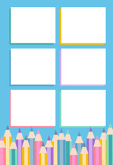 Blue childrens background frame for notes planner schedule with colourful pencils