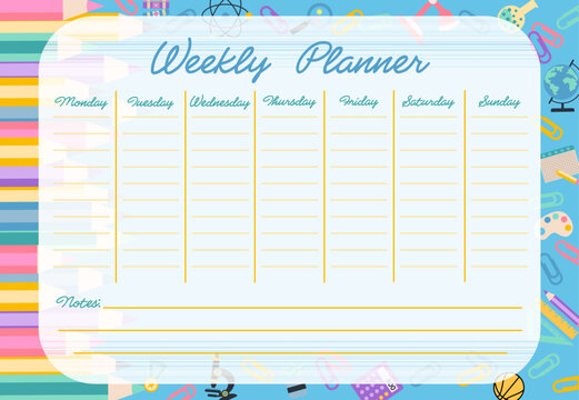 Colorful childrens weekly planner background for notes with school supplies