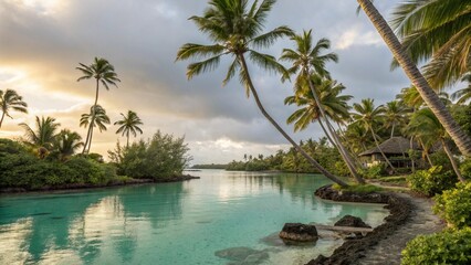 Fototapeta premium Idyllic Tropical Lagoon with Palm Trees and Turquoise Water at Sunset - Secluded Island Paradise Landscape