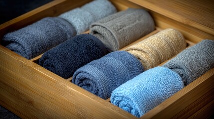 Rolled soft towels in wooden box calming home decor image