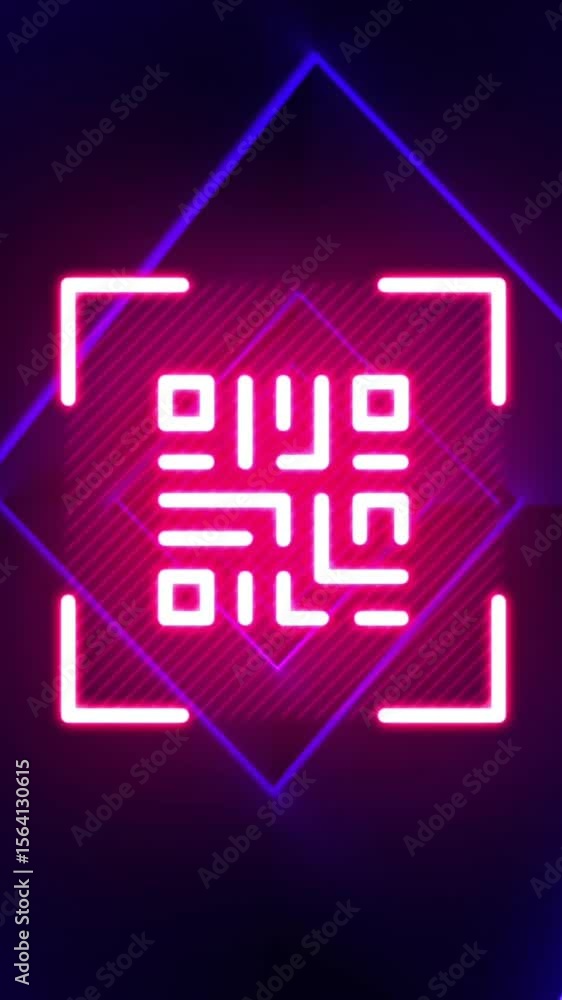 Poster animation of processing data over pink neon qr code and blue light beams on black background