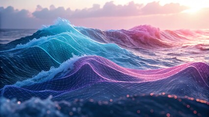 Abstract Fluid Waves with Neural Mesh Texture in Blue, Purple, and Pink Gradient - Digital Ocean and Data Flow Concept