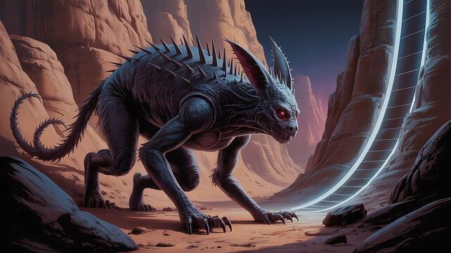 Dark creature, predatory stance, desert landscape, glowing energy.
