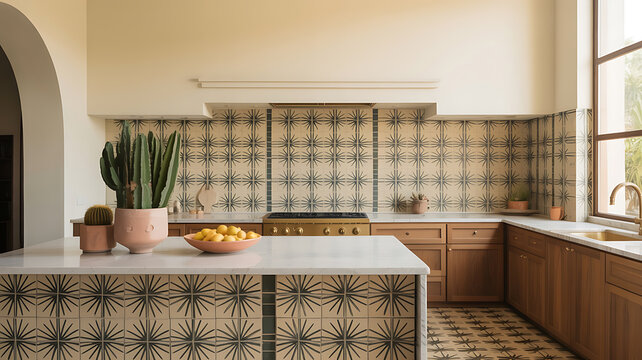 Modern kitchen with patterned tile backsplash and island.
