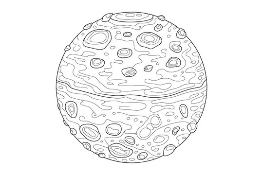 A stylized planet, textured with craters and ridges.
