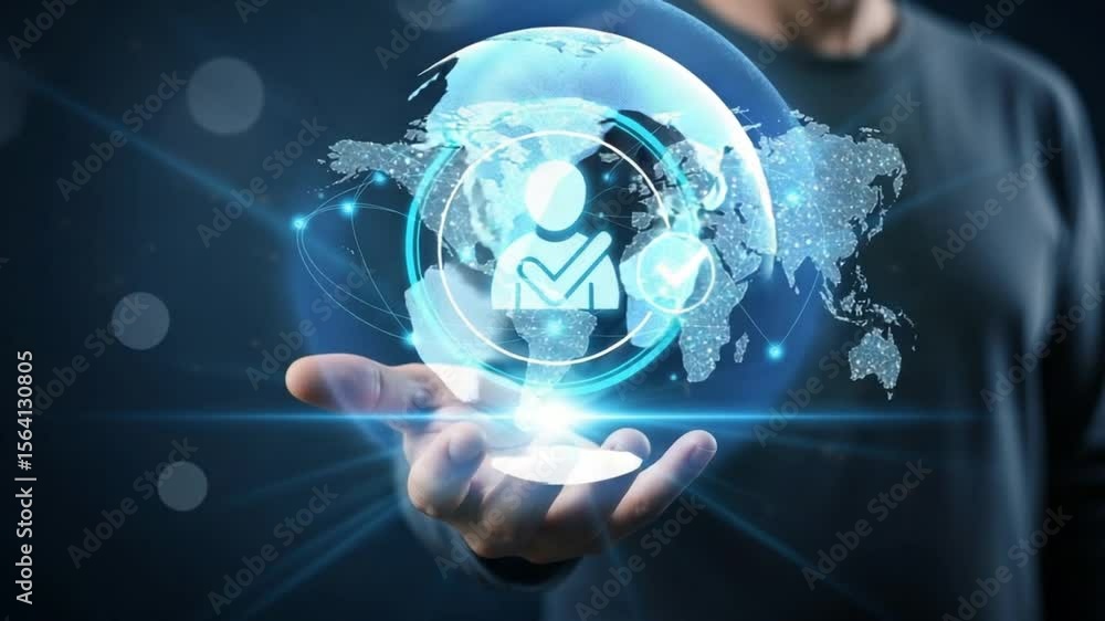 Poster person holding digital world map with user icon and checkmark in a glowing circle on their palm