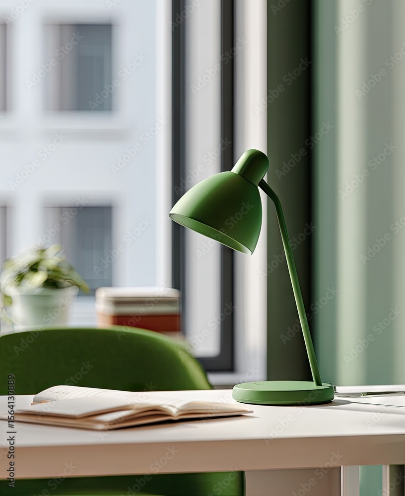 Poster a sage green desk lamp sits on a white desk near a window, next to an open notebook and a stack of b