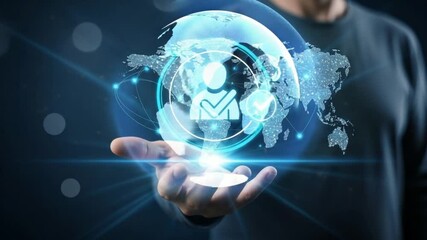 Person holding digital world map with user icon and checkmark in a glowing circle on their palm - Powered by Adobe