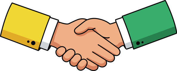 Handshake agreement symbolizing partnership and cooperation with yellow and green sleeves in simple vector style 