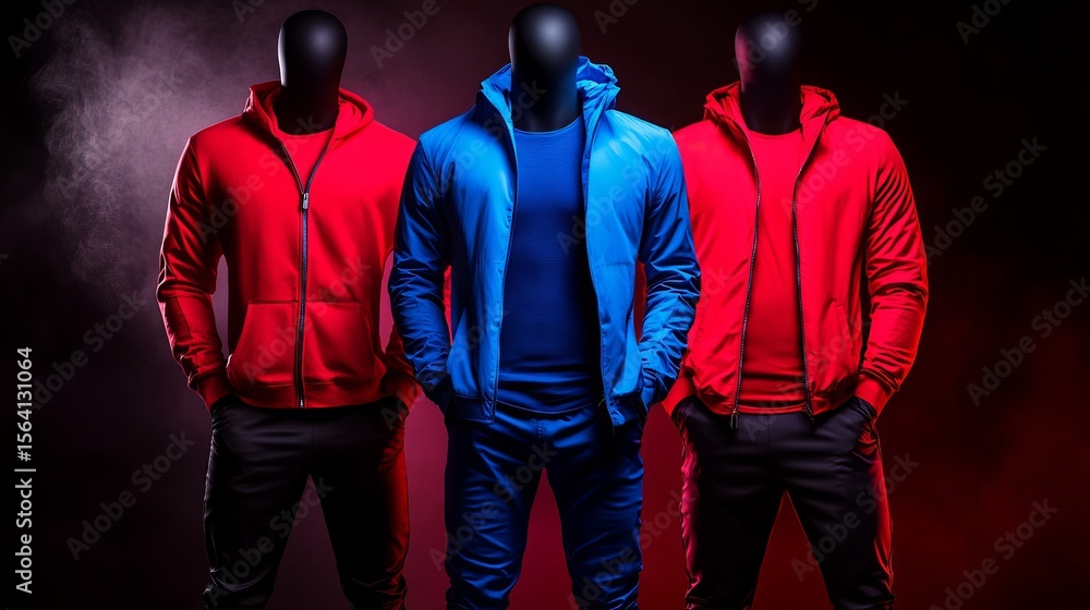 Poster three mannequins display different colored zippered tracksuits against a dark background with subtle