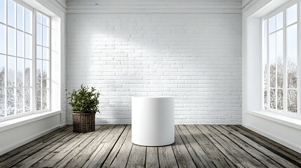 Bright room with white walls wooden floor plant and cylindrical object.