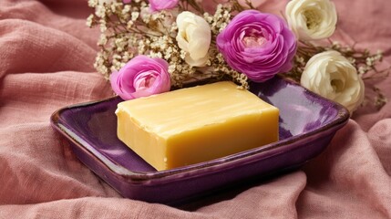 Pale yellow soap bar with pink and white flowers on purple dish