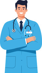 Male doctor in blue medical coat with stethoscope crossed arms smiling portrait illustration 