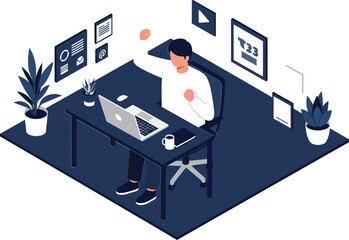 Man working at desk with laptop and coffee in modern home office space with plants and wall art 