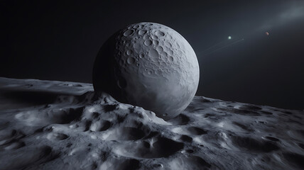 Gray moon, cratered surface, dark space.
