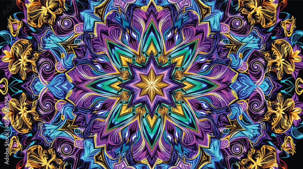 Poster intricate and colorful mandala pattern with abstract floral elements and vibrant geometry.