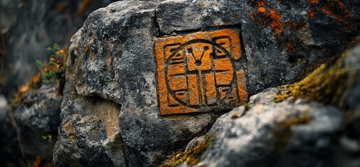 Ancient Orange Symbol Carved in Mossy Grey Stone, Close-Up