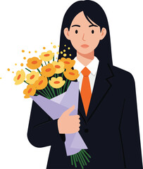 Woman in black suit holding bouquet of yellow flowers with orange tie natural pose 