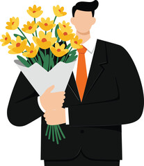 Man in black suit holding bouquet of yellow flowers with orange tie simple vector illustration 