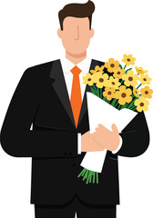 Man in black suit holding bouquet of yellow flowers with orange tie minimalist vector illustration 
