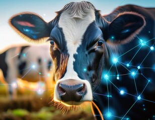 close up of a dairy cow with glowing data points symbolizing smart farming technology integration