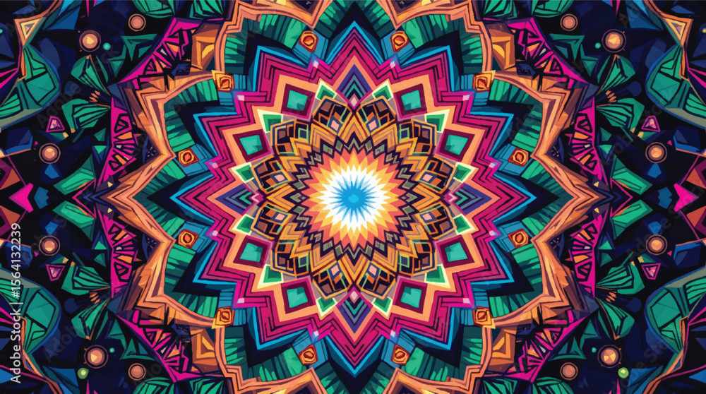 Aufkleber vibrant geometric mandala pattern displaying a kaleidoscope of colorful abstract shapes and design.