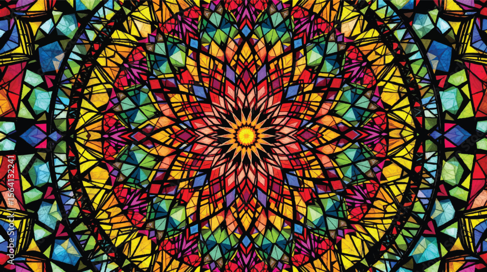 Poster vibrant kaleidoscope stained glass abstract design with colorful geometric patterns and shapes.