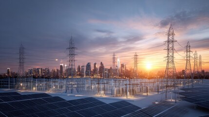 Cityscape at sunset solar panels and power lines renewable energy