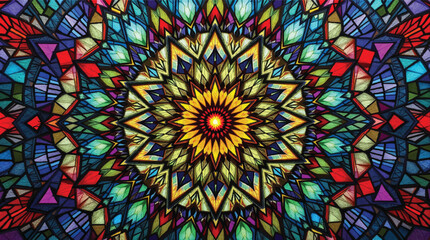 Vibrant colorful stained glass kaleidoscope art design beautiful geometric mandala illustration.