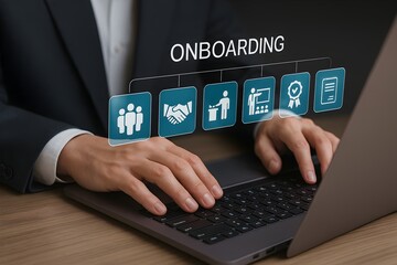 A professional managing or interacting with a digital onboarding system, showcasing the different phases of integrating new members into an organization or service.
