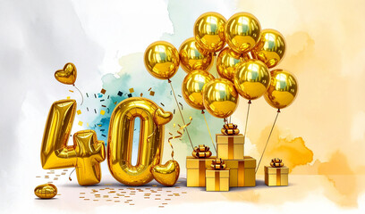 Biglietto di auguri e anniversario. Numero 40 e palloncini dorati