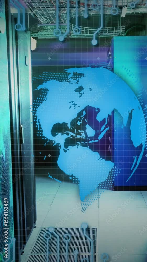 Poster animation of globe with circuit board and digital data processing over computer servers