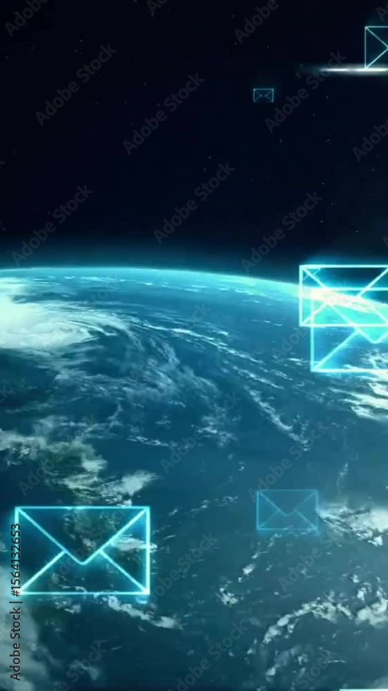Poster animation of email icons, digital data processing over globe