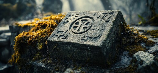 Ancient Stone Tablet with Carved Symbol, Moss-Covered, Forest Setting, Mysterious Atmosphere
