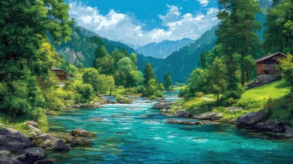 Serene Mountain River Landscape: A Picturesque Valley