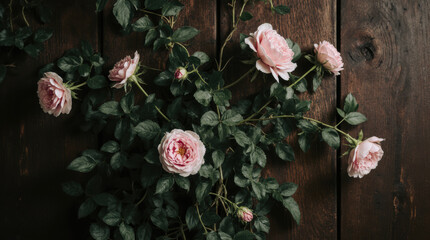 Nature still life with wild roses and wood.