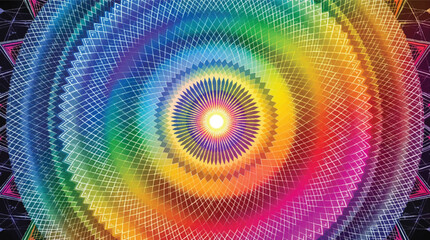 Colorful abstract spiral optical illusion with geometric pattern and bright radiant center.