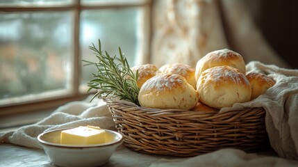 Freshly Baked Rolls in a Rustic Basket, Sunlight and Rosemary