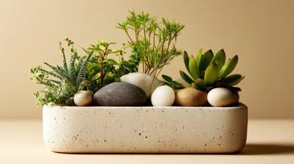Succulents and stones in a modern planter serene home decor and wellness image