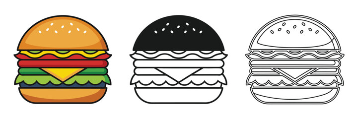 Three stylized hamburger icons in a row isolated on white background