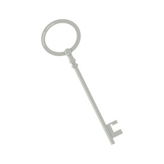 Silver vintage key with round head and classic shaft. Elegant design perfect for security icons, antique collections, logo elements, or romantic and fantasy themes.