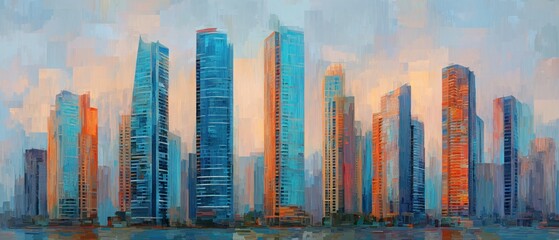 Cityscape sunrise modern skyscrapers and calm waters