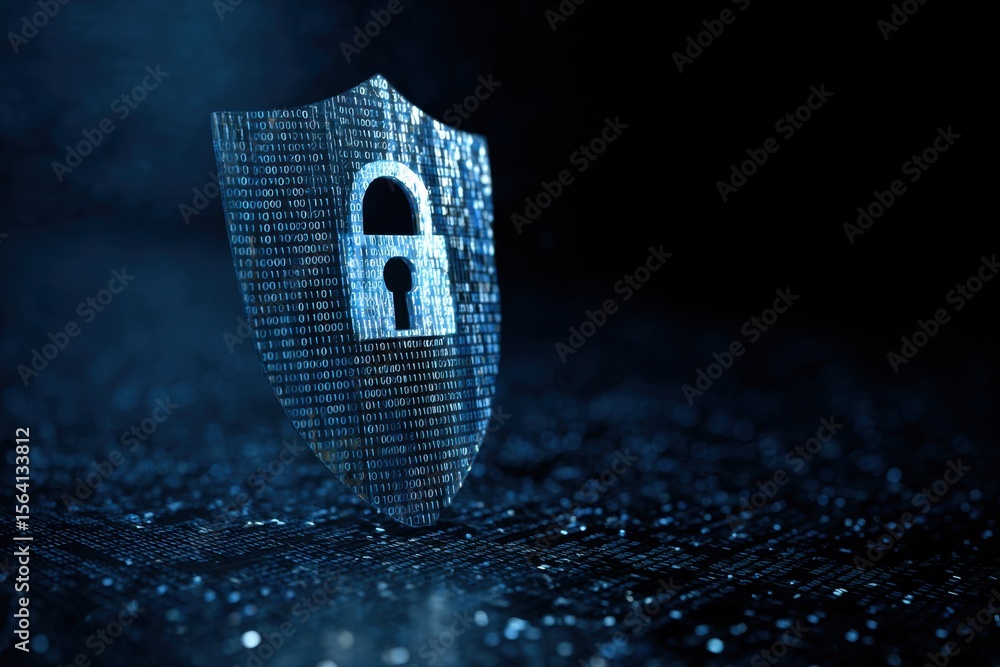 Poster a digital shield with an open padlock icon, surrounded by binary code on a dark blue background, sym