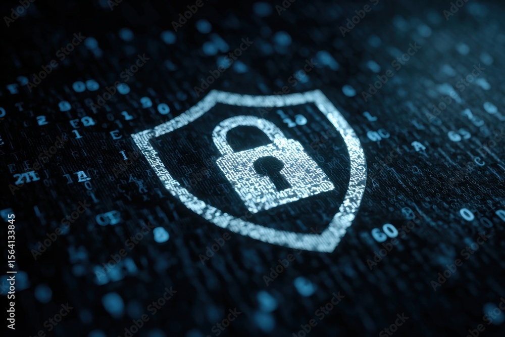 Poster a shield with an open lock icon in the center, surrounded by binary code the background is dark blue
